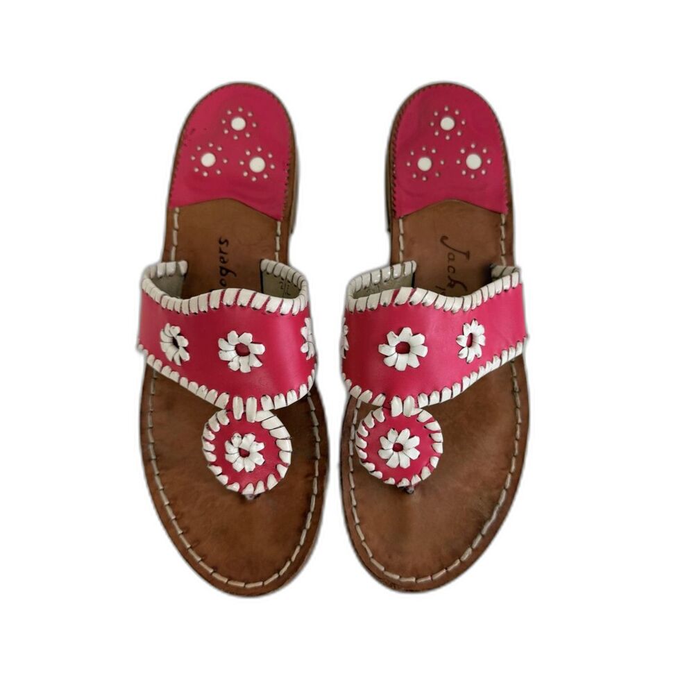 Jack Rogers Navajo Jacks Pink White Leather Sandals 7.5 Floral Whipstitch